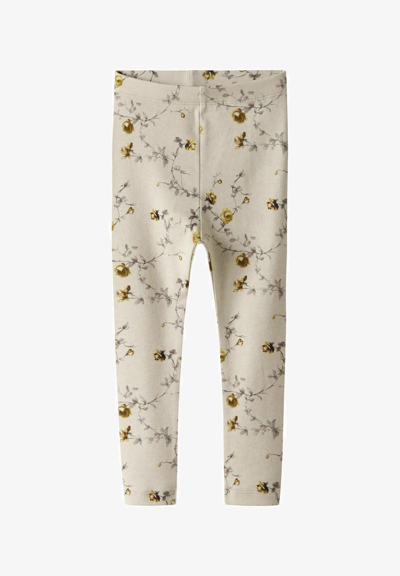 Heledad beežid püksid, millel on lillemuster kollaste rooside ja hallide viinapuidega. Pehme kangas, tihe disain, elastne vöökoht.