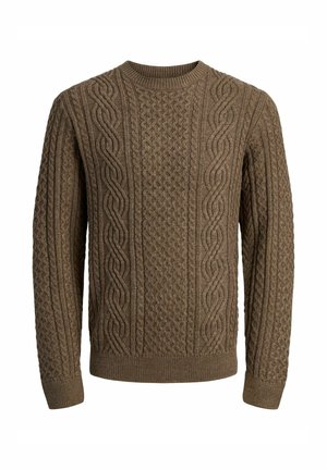 Maglione in lana a trecce marrone con maniche lunghe e colletto a girocollo, polsini e orlo a coste.