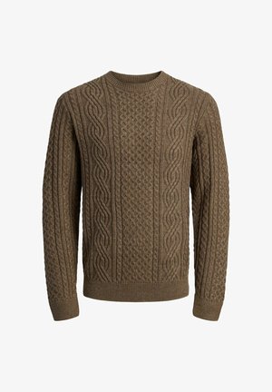 Maglione in lana a trecce marrone con maniche lunghe e colletto a girocollo, polsini e orlo a coste.