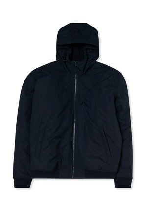 Giacca a vento blu scuro con cappuccio, zip frontale, polsini elasticizzati, due tasche laterali e una superficie esterna liscia. Design leggero e casual.