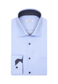 Camicia azzurro chiaro con colletto navy a fantasia, bottoni neri e una tasca sul petto con fodera a pois.