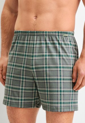 Man wearing green and gray plaid loose-fitting shorts with an elastic waistband, shown from waist to mid-thigh.