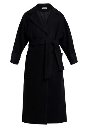 Black wrap coat with a notch collar, long sleeves, and a fabric tie at the waist. Features two large front pockets and a smooth texture.