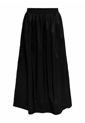 Melnā midi svārku izstrādājums, izgatavots no viegla auduma, ar elastīgu jostu un krokojumu dizainu, ar gludu tekstūru un bez redzamām rakstu neesamības.