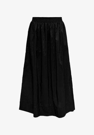 Melnā midi svārku izstrādājums, izgatavots no viegla auduma, ar elastīgu jostu un krokojumu dizainu, ar gludu tekstūru un bez redzamām rakstu neesamības.