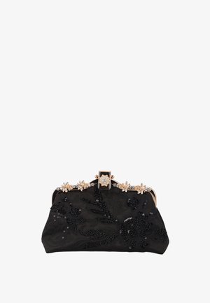 Black clutch purse with beaded floral embroidery and gold-tone frame decorated with crystal and flower-shaped accents.