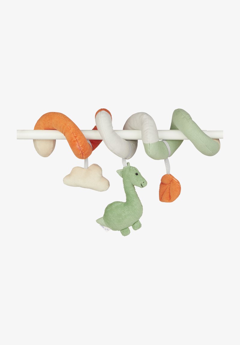 Giocattolo per bambini in tessuto che presenta un dinosauro verde, una nuvola bianca e una foglia. I colori includono verde, arancione e bianco con superfici texturizzate.