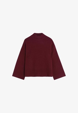 Burgundy knitted sweater with a high ribbed neckline, wide sleeves, and ribbed hem. Soft texture and relaxed fit, suitable for layering.