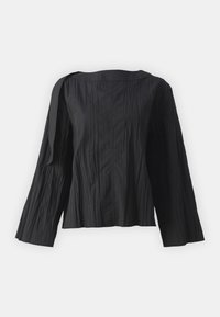 Schwarzes Langarmshirt aus gekräuseltem Stoff mit lockerem Schnitt, weit ausgeschnittenem Rundhalsausschnitt und seitlichem Bindeband-Detail an der linken Schulter.