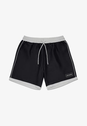 Black lightweight shorts with an elastic waistband, white drawstring, side pockets, and contrasting white piping along the hem and sides.