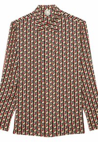 Chemise à manches longues beige, avec un motif géométrique de lettres qui se chevauchent en rouge et bleu marine. Tissu doux avec col et fermeture à boutons.