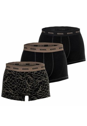 Drei Paar Herren-Boxershorts der Marke Diesel in Schwarz, zwei uni und eins mit beigem abstraktem Linienmuster, alle mit gebrandetem Bund.