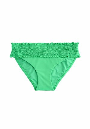 Grüne Bikinihose mit breitem, gerafftem elastischem Bund und Rüschenkanten, gefertigt aus glattem Badebekleidungsstoff.