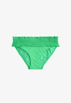 Grüne Bikinihose mit breitem, gerafftem elastischem Bund und Rüschenkanten, gefertigt aus glattem Badebekleidungsstoff.