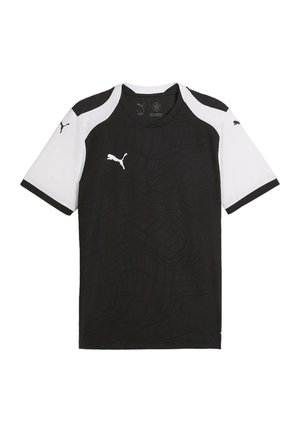 Czarno-biała sportowa koszulka Puma z krótkim rękawem, logo Puma na piersi i rękawach oraz subtelny teksturowany wzór z przodu.