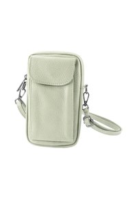 Lichtgroene textuurlederen crossbodytas met voorvak met klep, ritssluiting, zilverkleurige hardware en verstelbare riem.