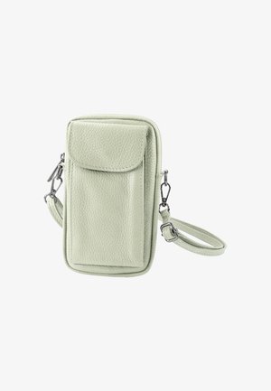 Light green textured leather crossbody bag with front flap pocket, zip closure, silver hardware, and adjustable strap.