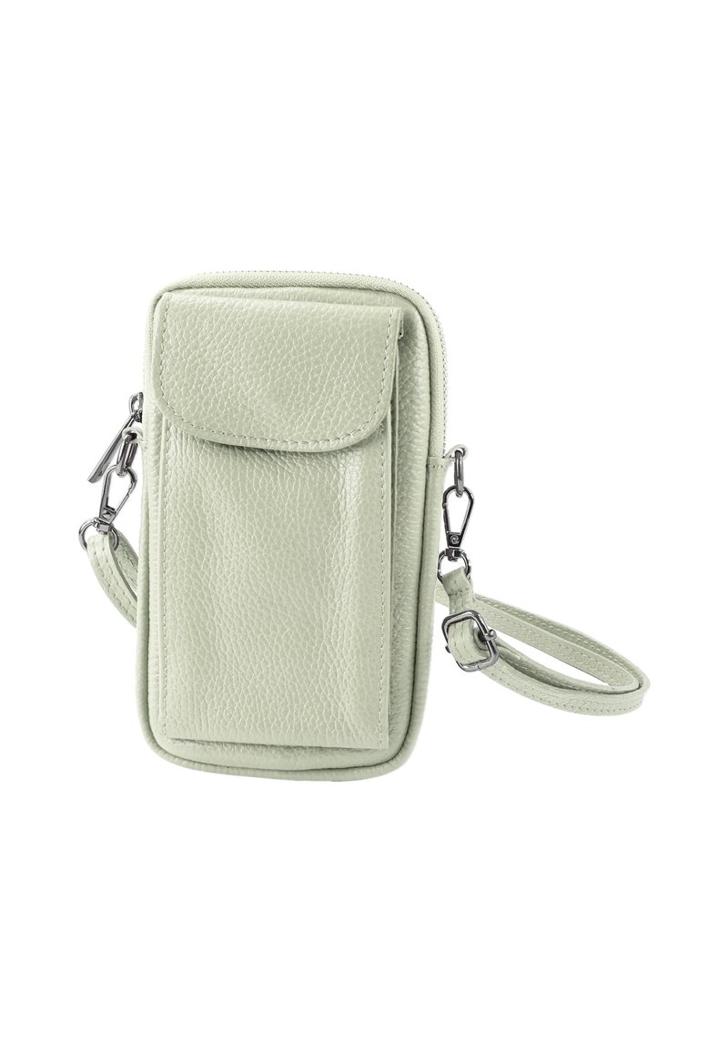 Lichtgroene textuurlederen crossbodytas met voorvak met klep, ritssluiting, zilverkleurige hardware en verstelbare riem.