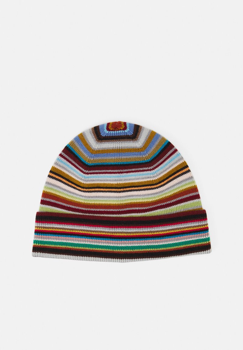 Bonnet en tricot avec des rayures multicolores, comprenant diverses nuances de marron, bleu, jaune et rouge. Texture douce, motif variable.