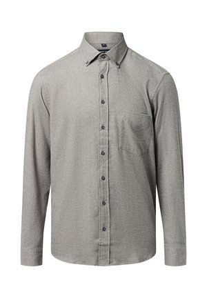 Lange mouwen overhemd met knopen in lichtgrijze stof met subtiele textuur, voorzien van een borstzak en donkere knopen langs de knopenlijst.