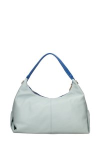 Světle modrá kožená hobo taška s modrým držadlem. Má strukturovaný tvar, jemnou texturu a zapínání na zip. Obsahuje zlaté kovové detaily.