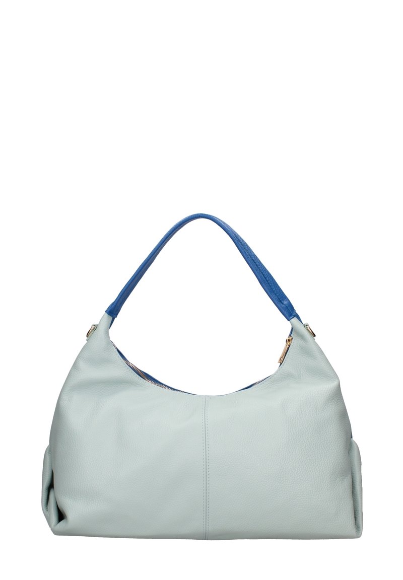 Světle modrá kožená hobo taška s modrým držadlem. Má strukturovaný tvar, jemnou texturu a zapínání na zip. Obsahuje zlaté kovové detaily.