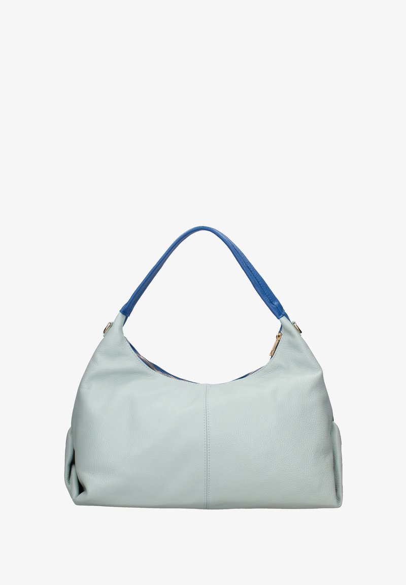 Světle modrá kožená hobo taška s modrým držadlem. Má strukturovaný tvar, jemnou texturu a zapínání na zip. Obsahuje zlaté kovové detaily.