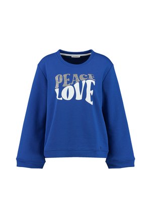 Niebieska bluza z długimi rękawami i okrągłym dekoltem z białym i błyszczącym srebrnym napisem "PEACE LOVE" z przodu.