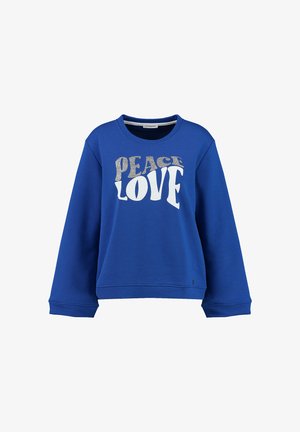 Niebieska bluza z długimi rękawami i okrągłym dekoltem z białym i błyszczącym srebrnym napisem "PEACE LOVE" z przodu.