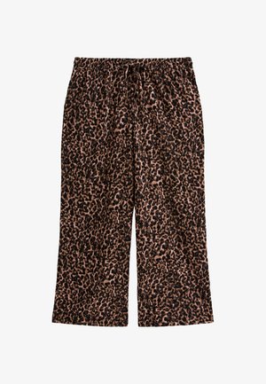 Pantaloni da pigiama con stampa leopardata in marrone e nero, dotati di un elastico in vita con coulisse e tessuto morbido e testurizzato.