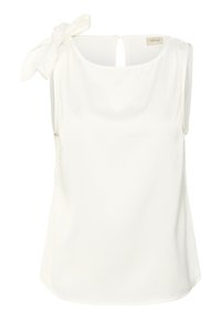 Blouse sans manches blanche avec un nœud sur une épaule, dos en ouverture, tissu lisse et un ourlet légèrement arrondi.