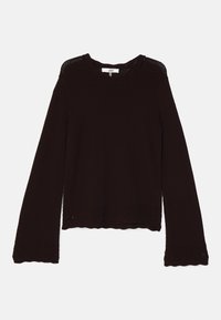 Dunkelbraunes, langärmliges Strickoberteil mit atmungsaktivem Material, gewelltem Saum und offenem Strickdetail an den Schultern. Normale Passform.