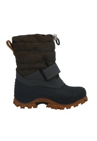 Bottines d'hiver imperméables avec une partie inférieure en caoutchouc gris foncé, un col en tissu marron, une sangle Velcro et une semelle extérieure en caoutchouc texturé pour une meilleure adhérence.