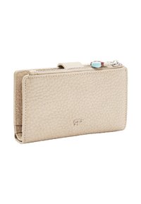 Beżowy skórzany portfel z teksturowaną powierzchnią, zamek błyskawiczny i zatrzask. Posiada kolorowy uchwyt zamka oraz wytłoczony logo z przodu.