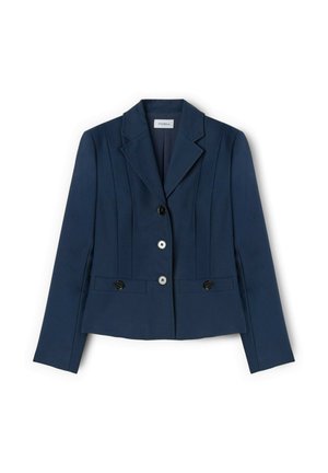 Navyblauwe op maat gemaakte blazer met een doorgestikte kraag, twee zwarte knopen, voordozen en verticale stiksels, gemaakt van zachte stof.