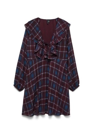 Vestito a maniche lunghe con motivo a quadri bordeaux e blu, colletto a V con volant e polsini arricciati.