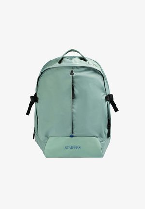 Zaino in tessuto verde menta con maniglia superiore, spallacci neri regolabili, tasca frontale con zip e logo blu sul pannello inferiore.