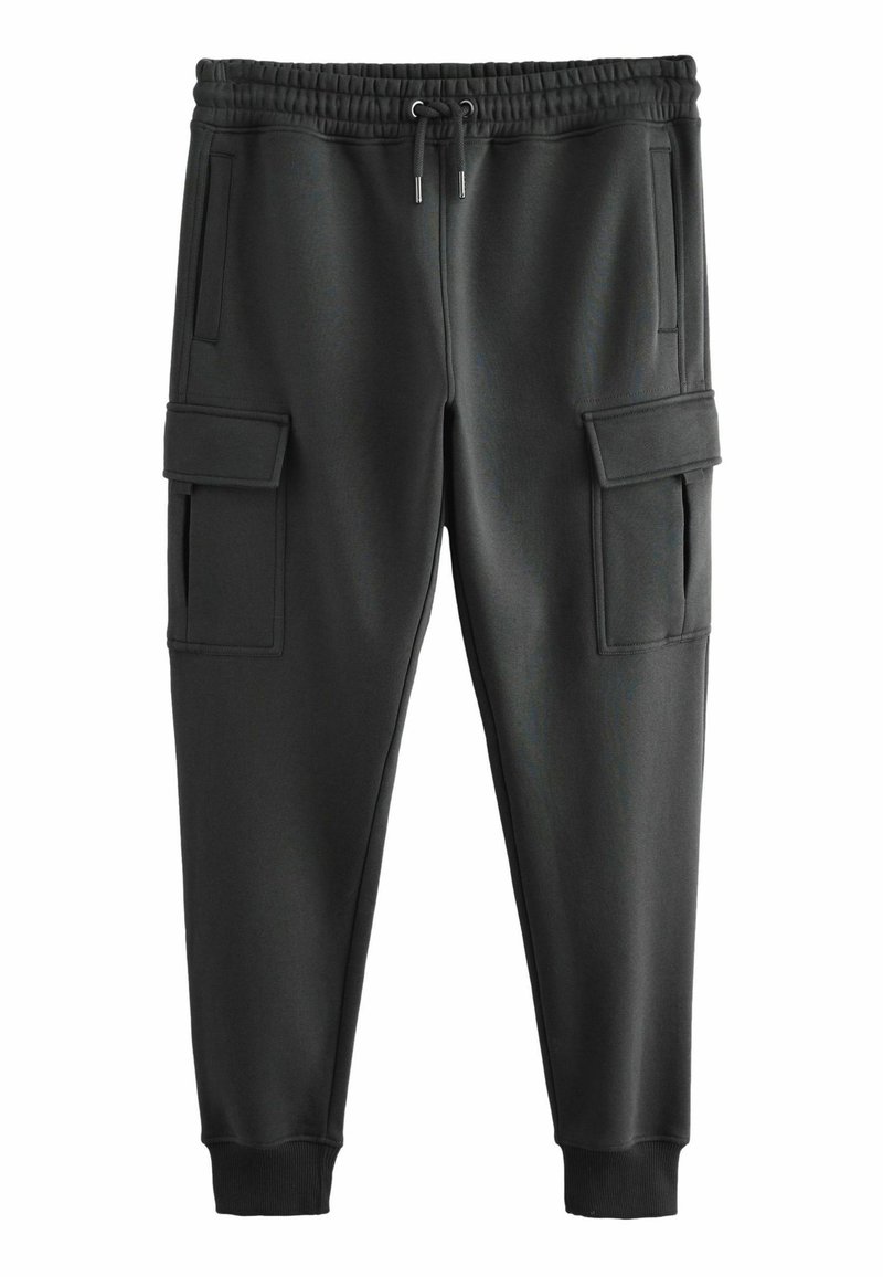 Schwarze Sweatpants mit elastischem Bund, Kordelzug, zwei Seitentaschen und zwei Cargotaschen, aus einem glatten, bequemen Stoff gefertigt.