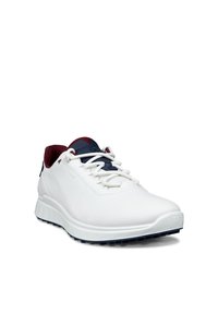 Hvid snørestøvle med marineblåt tunge og vinrødt indre, med en tekstureret sål og et vandtæt mærke på siden.