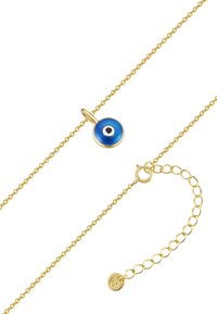 Collana in oro con ciondolo circolare blu e un punto nero al centro. Include una chiusura a moschettone e lunghezza regolabile.