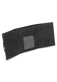 Black bifold wallet made of textured leather with multiple card slots and a clear ID window. Features minimalistic design and contrasting stitching.