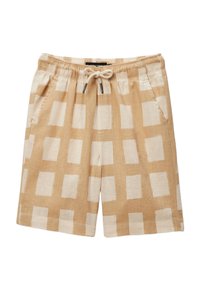 Shorts en mélange de lin beige avec un motif carré blanc, dotés d'une taille élastique, d'une fermeture à cordon et de poches latérales.