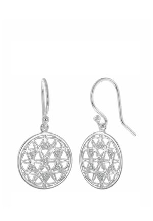Silver round dangle earrings with intricate geometric lattice design and small embedded clear gemstones.