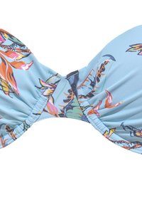 Bikini zgornji del iz svetlo modrega materiala z živahnimi cvetličnimi vzorci v oranžnih, roza in zelenih odtenkih. Ima zbrano sredino in gladko teksturo.