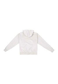 Weißer Kapuzenpullover mit langen Ärmeln, gerippten Bündchen und Saum, weicher Textur und minimalistischem Design. Die Rückansicht zeigt keine bedruckten Details.