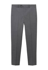 Pantaloni gri din stofă texturată, design cu față plată, cu paspoluri pentru curea și închidere cu un singur nasture. Croială ajustată cu picioare drepte.