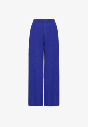 Szerokie spodnie w jasnoniebieskim kolorze z elastycznym pasem, o gładkiej fakturze, bez widocznych wzorów czy dodatkowych elementów.