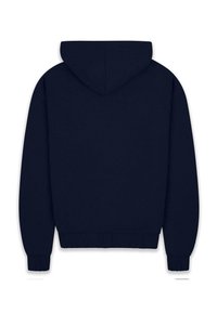 Sweat à capuche bleu marine avec une finition texturée. Comprend des poignets et un ourlet côtelés, une capuche spacieuse et un design lisse et uniforme.