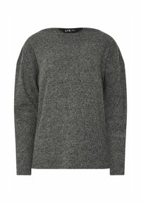 Langärmliger, Rundhals, dunkelgrauer Strickpullover aus einem weichen, strukturierten Stoff mit lässiger Passform.