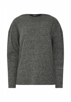 Sweter z długim rękawem, okrągłym dekoltem, w ciemnoszarym kolorze, wykonany z miękkiej, teksturowanej tkaniny i o luźnym kroju.